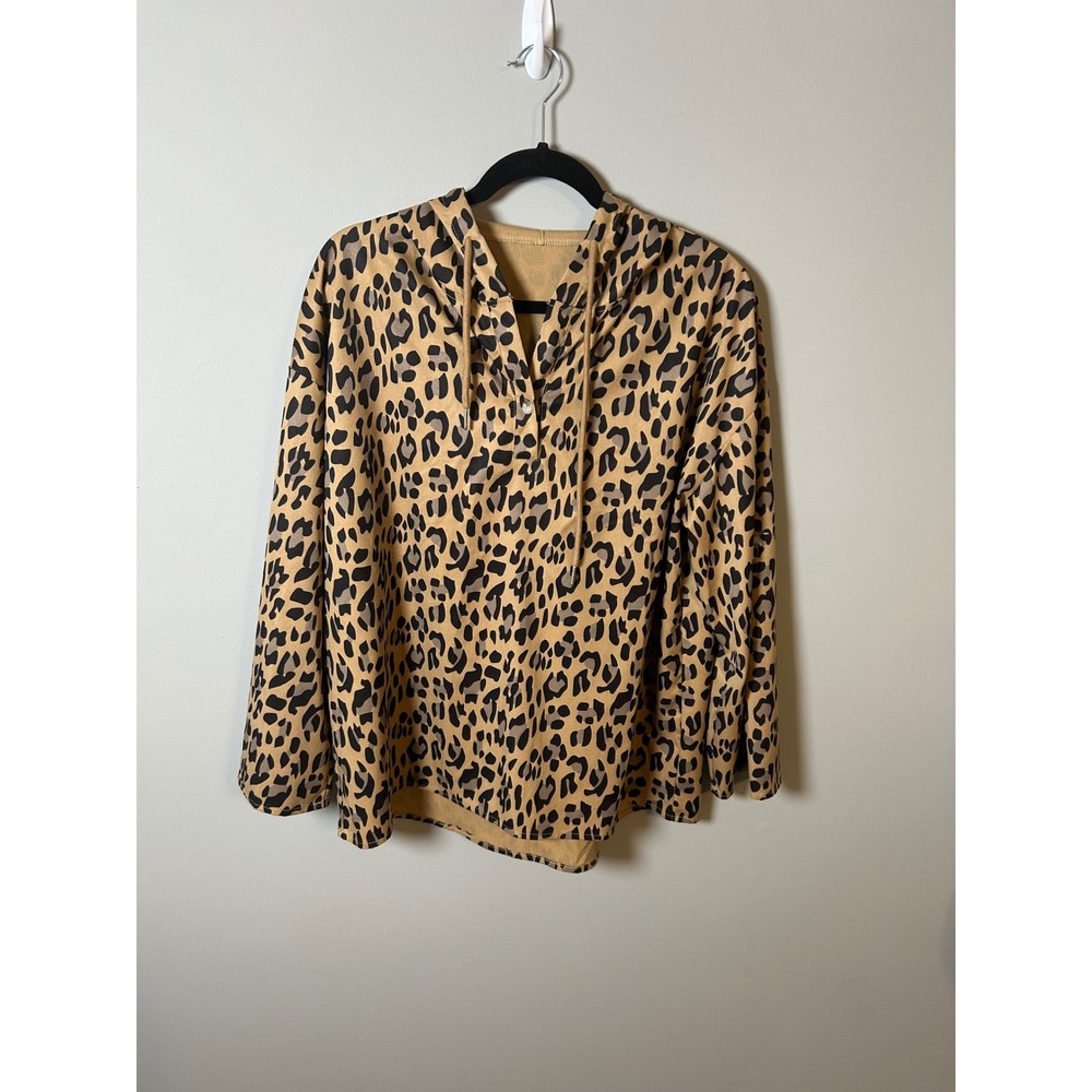 Womens‎ Leopard Print Hoodie Long Sleeve Roll Tab Top Tan Large